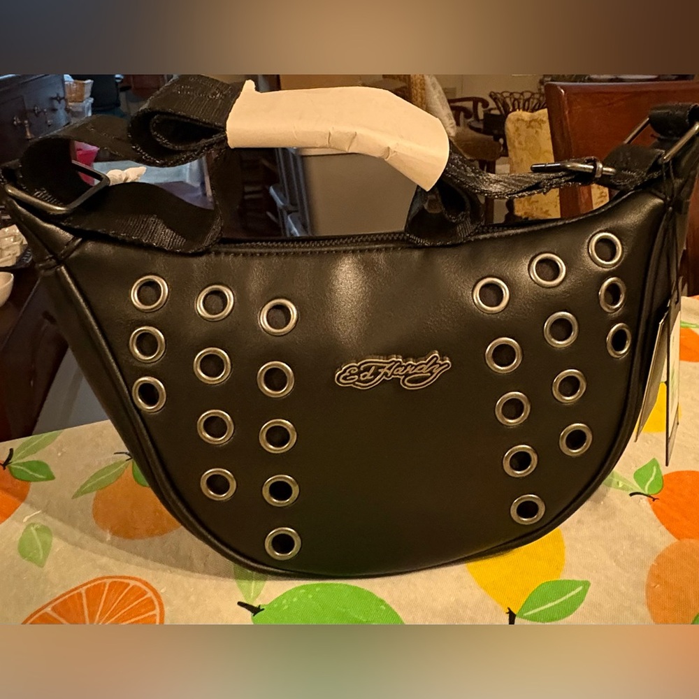 Ed Hardy Black Shoulder Bag with Silver Accents